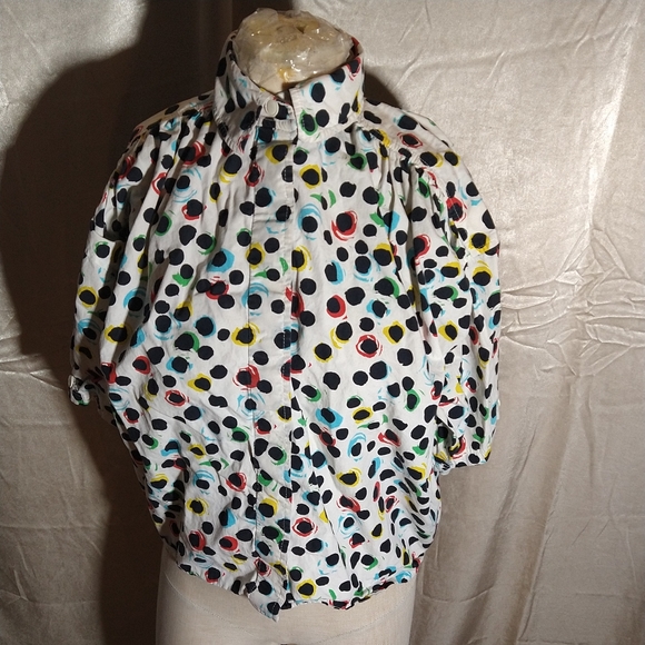 Vintage 60s 70s Ungaro Rainbow and Black Polka Dot Short Sleeve Bubble Blouse.. - Picture 1 of 9